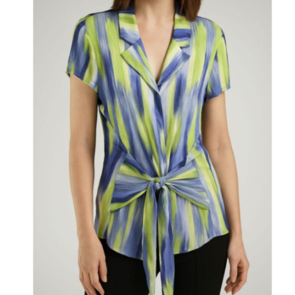 Jones New York Silk Tie Front Blouse Watercolor Stripe Green Blue Size 14